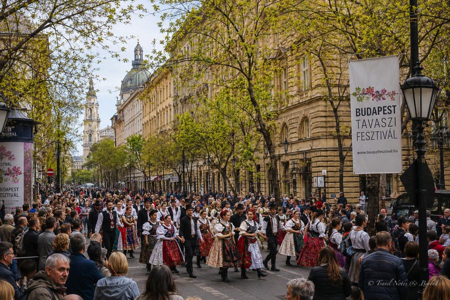Budapest Spring Event with people in folk costumes dancing in the street