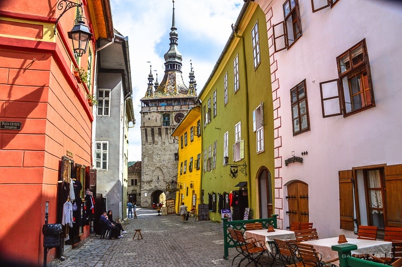 view of a cobbled street in Sighisoara