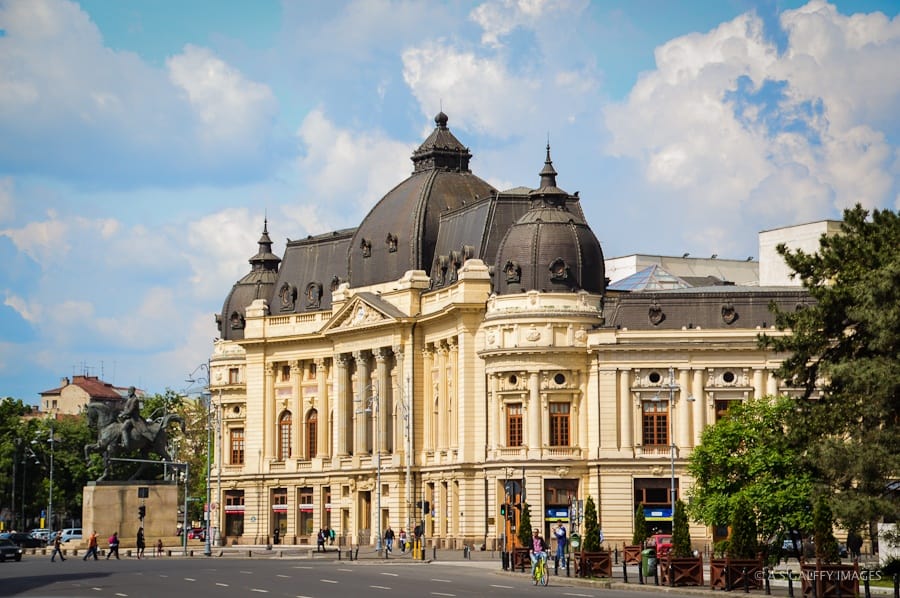 View of the Central Library in the Revolution Square in Bucharest