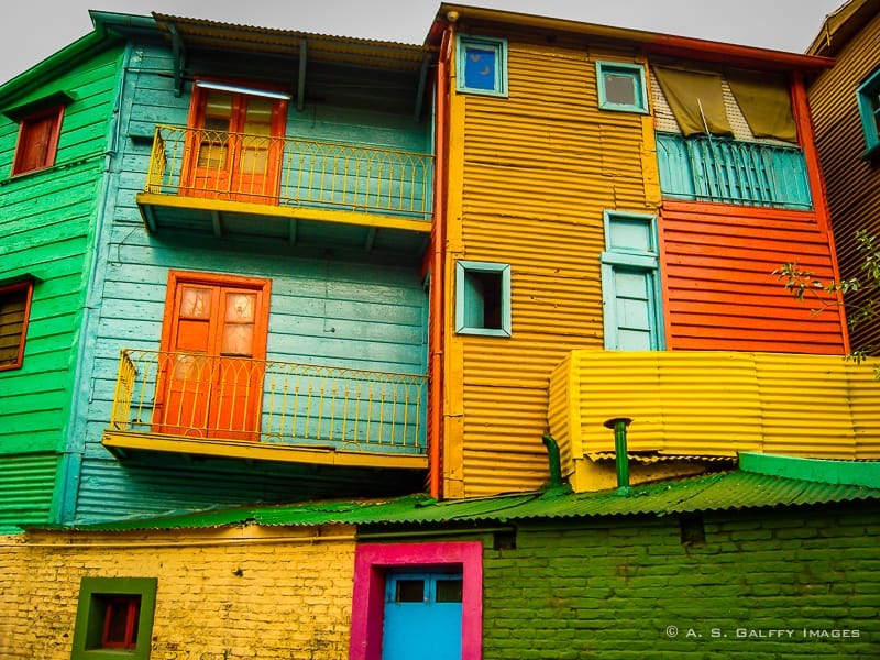 Houses built of scrap metal in La Boca