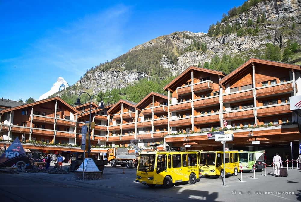 Cabs in front of the train station in Zermatt