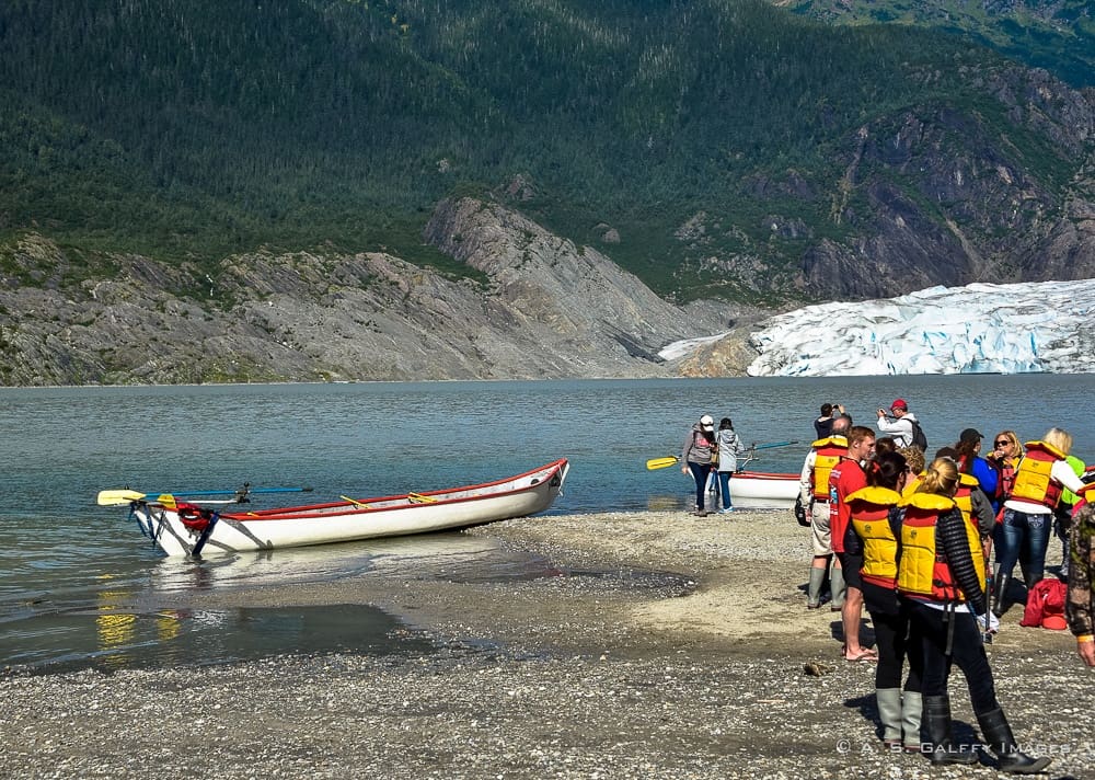 people on the beach at Mendenhall Glacier in Juneau