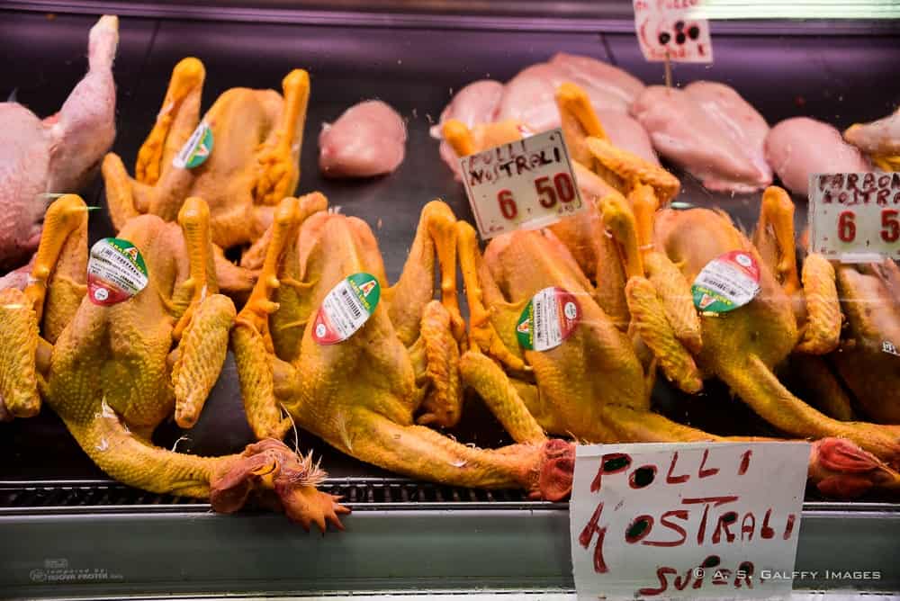 Poultry displayed in a window