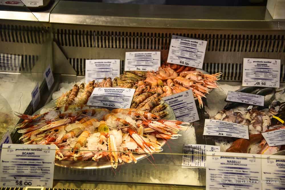 Seafood displayed in a window