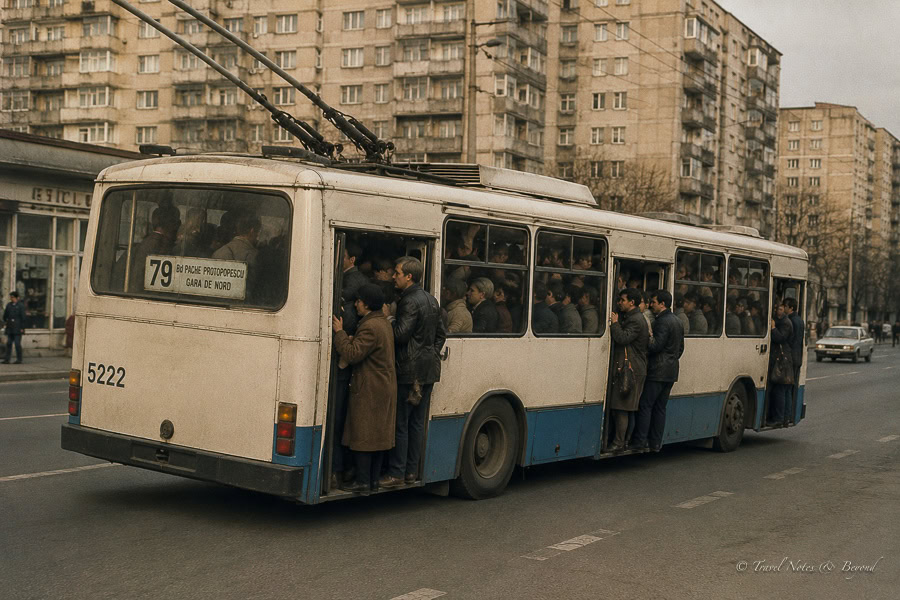 Trolleybus packed with people was part of the everyday life in communist Romania
