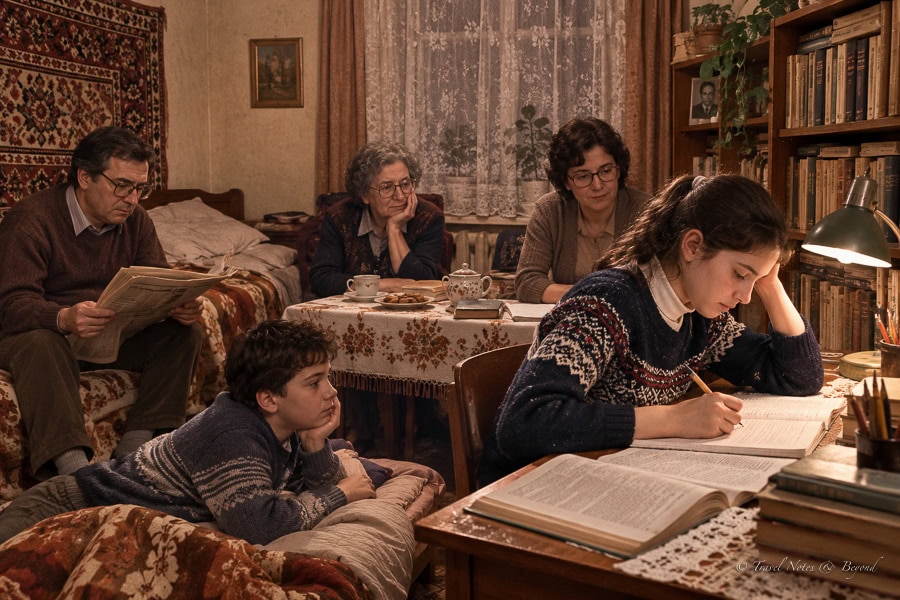 Family crammed into a small apartment in Communist Romania