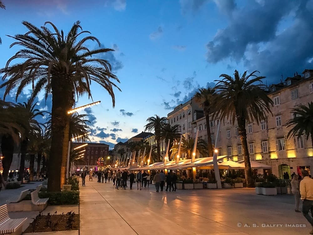 Places to Visit in Split: the Riva waterfront promenade at night