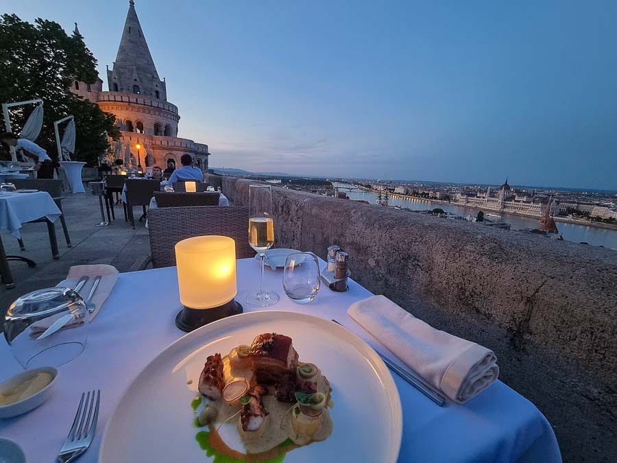 Eating dinner at Halászbástya Restaurant in Budapest