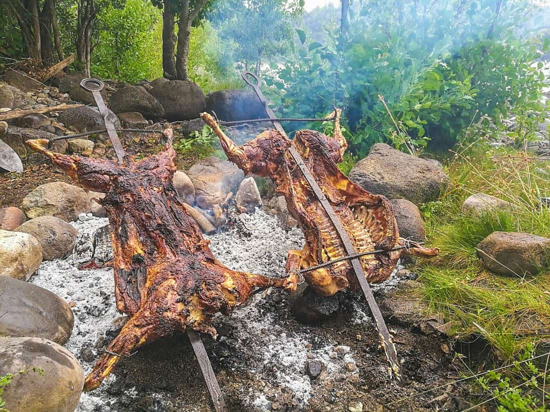 Eating Patagonia roasted lamb in El Chalten