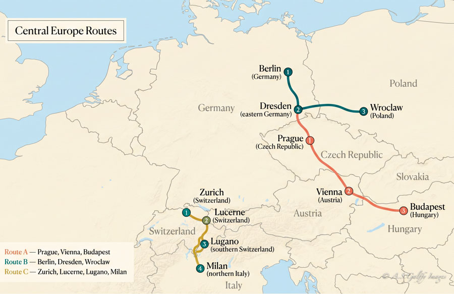 map of central europe suggested routes
