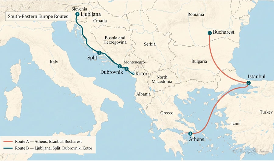 Map of the southeastern Europe Routes