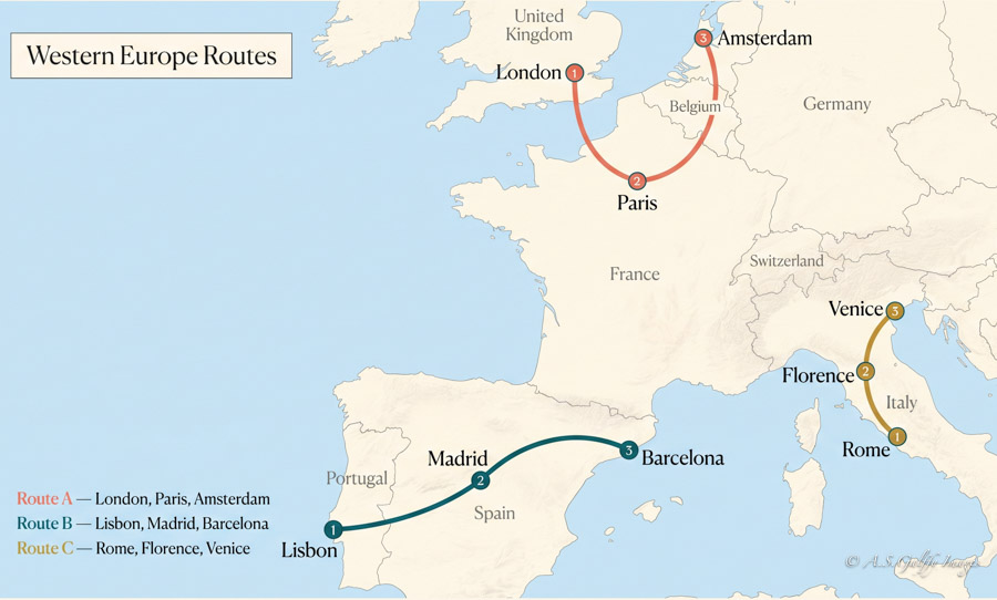 Map of the Western Europe suggested itinerary