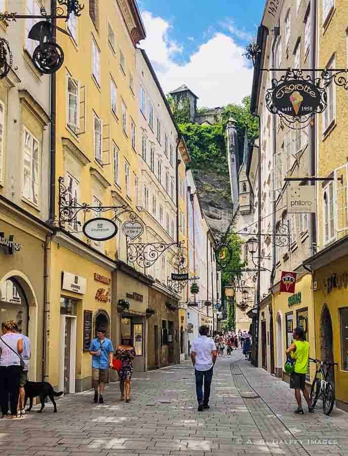 People Walking along Grain Lane in Salzburg Old Town