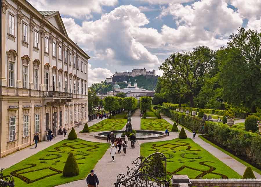 View of the Mirabel Palace and gardens