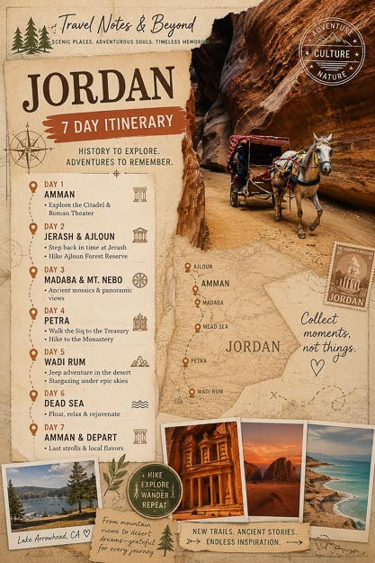 7-day Jordan itinerary route map with stops in Amman, Jerash, Dead Sea, Petra, and Wadi Rum