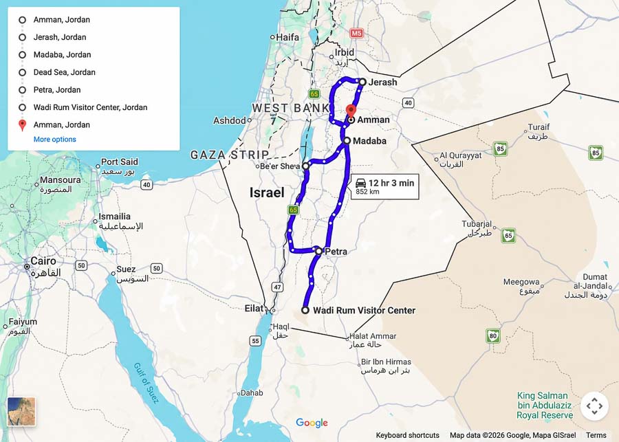 7-day Jordan itinerary route map: Amman, Jerash, Madaba, Dead Sea, Petra, Wadi Rum