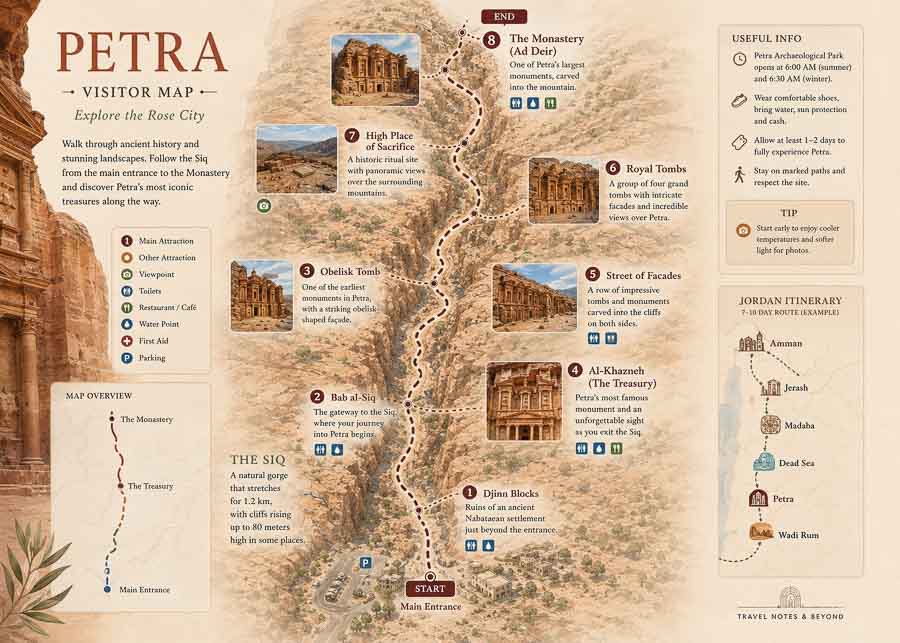 Tourist map of the top sites to visit in Petra