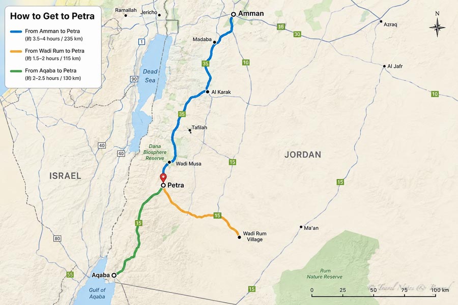 Map of the routes to Petra from Amman, Wadi Rum and Aquaba