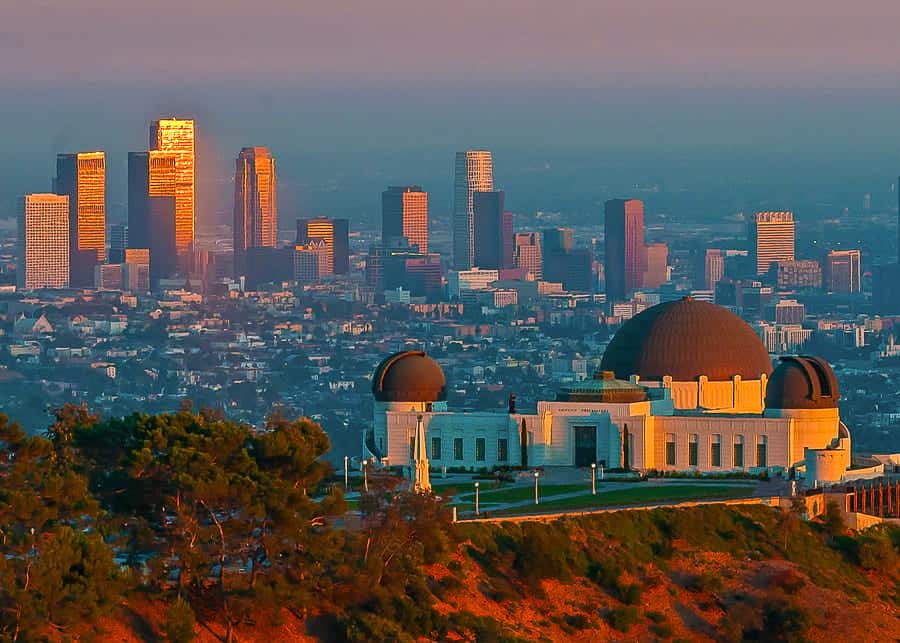 Aerial vie of Griffith Observatory and Downtown area