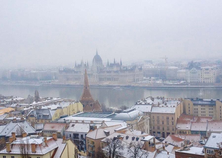view of the frozen River Danube in Budapest