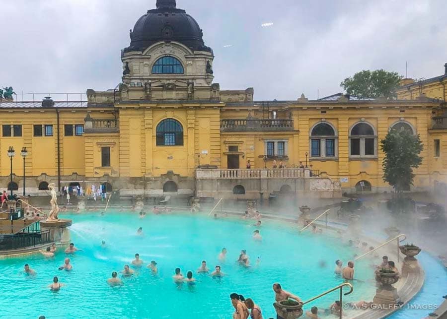 soaking in the Szechenyi Baths in Budapest in winter