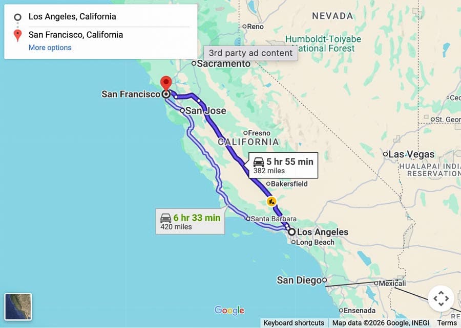Map of the L.A. to San Francisco Drive inland route via Interstate 5