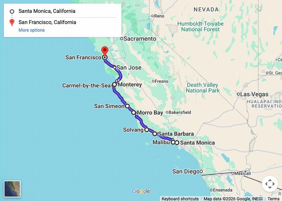 Map of the L.A. to San Francisco Drive inland route via Highway 1
