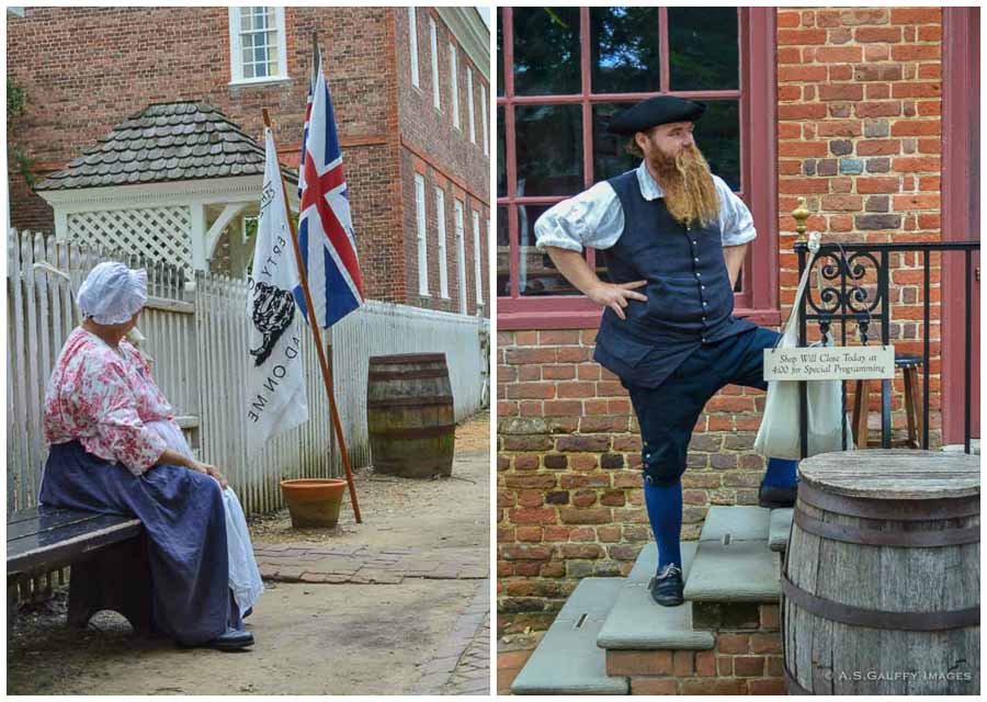 People dressed in colonial attire in Colonial Williamsburg