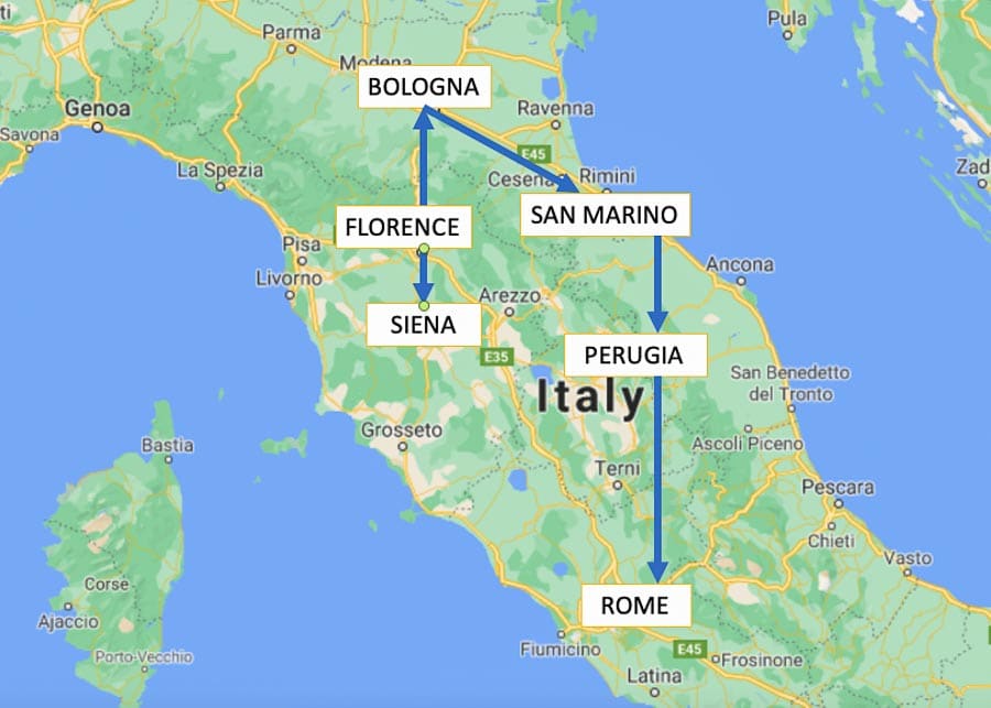 10 days in Italy itinerary map