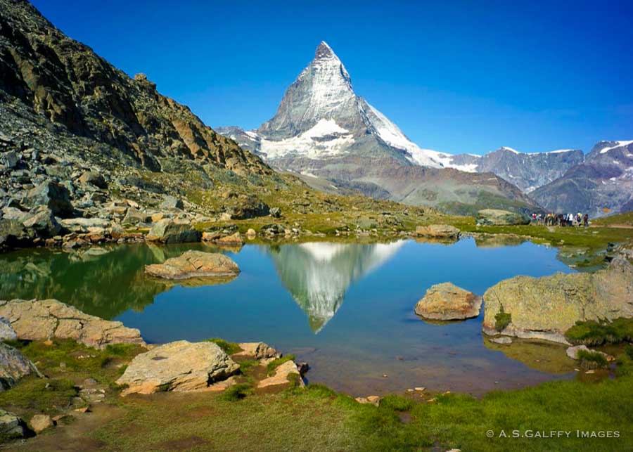 Mountain lake with view of the Matterhorn in the background