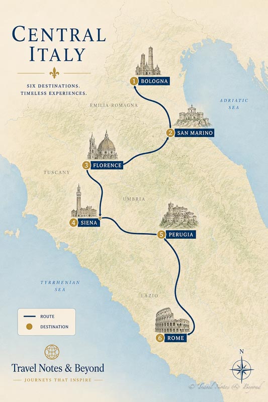 Central Italy Itinerary illustrative route map not to scale