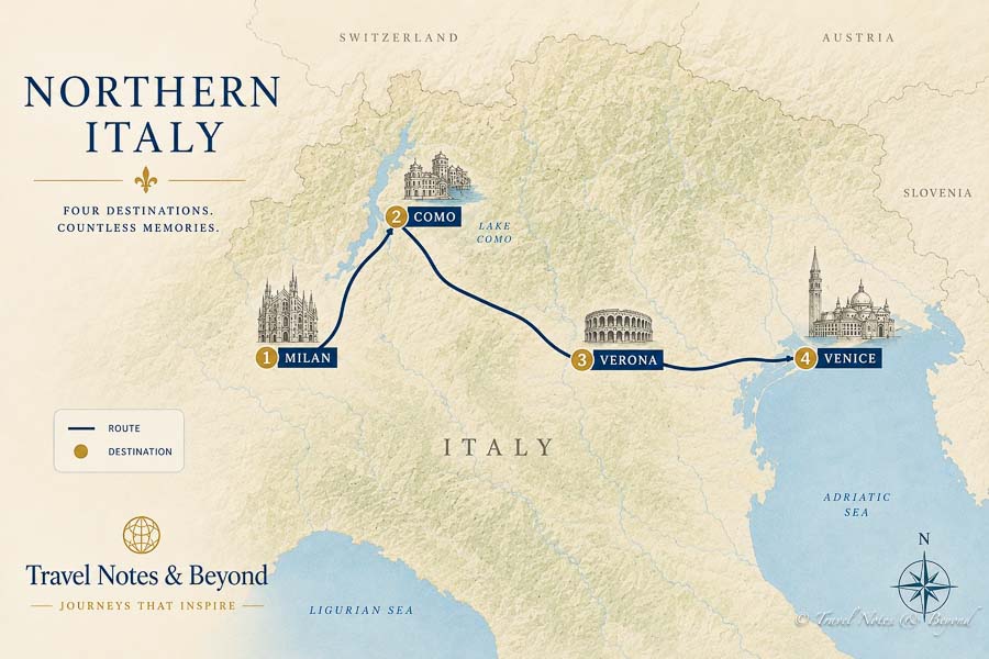 Northern Italy 10 Day Itinerary illustrative route map not to scale