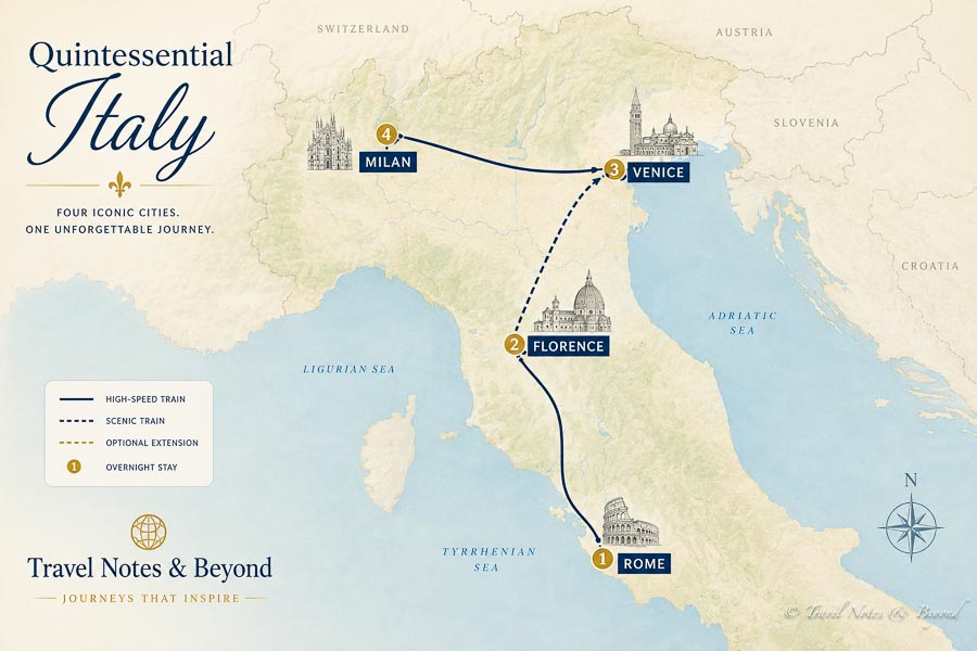 10 Days in Italy Itinerary: illustrative route map not to scale