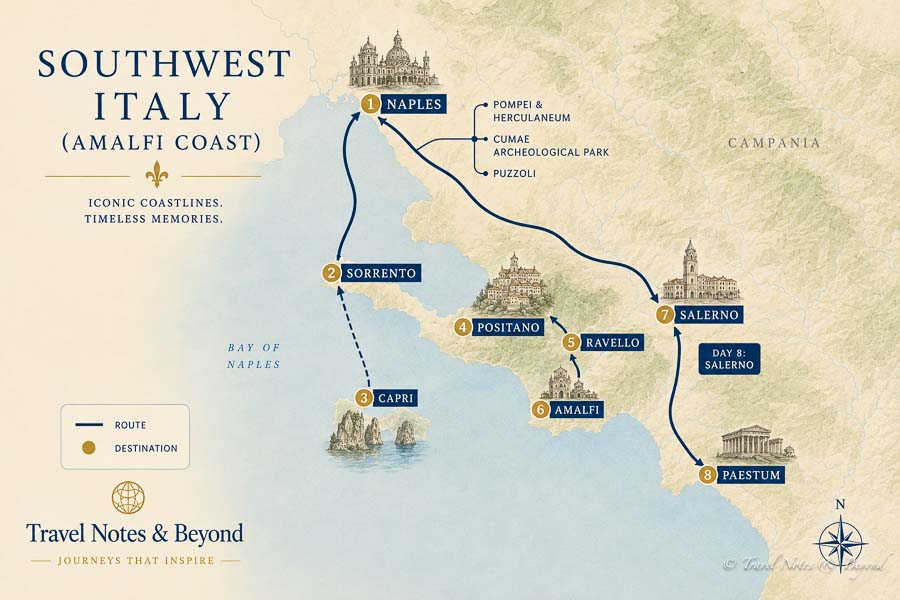 Southwest Italy Itinerary illustrative route map not to scale