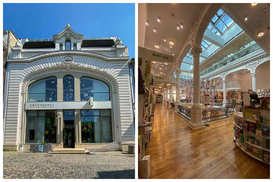 Exterior and interior view of Carturesti Bookstore in Bucharest