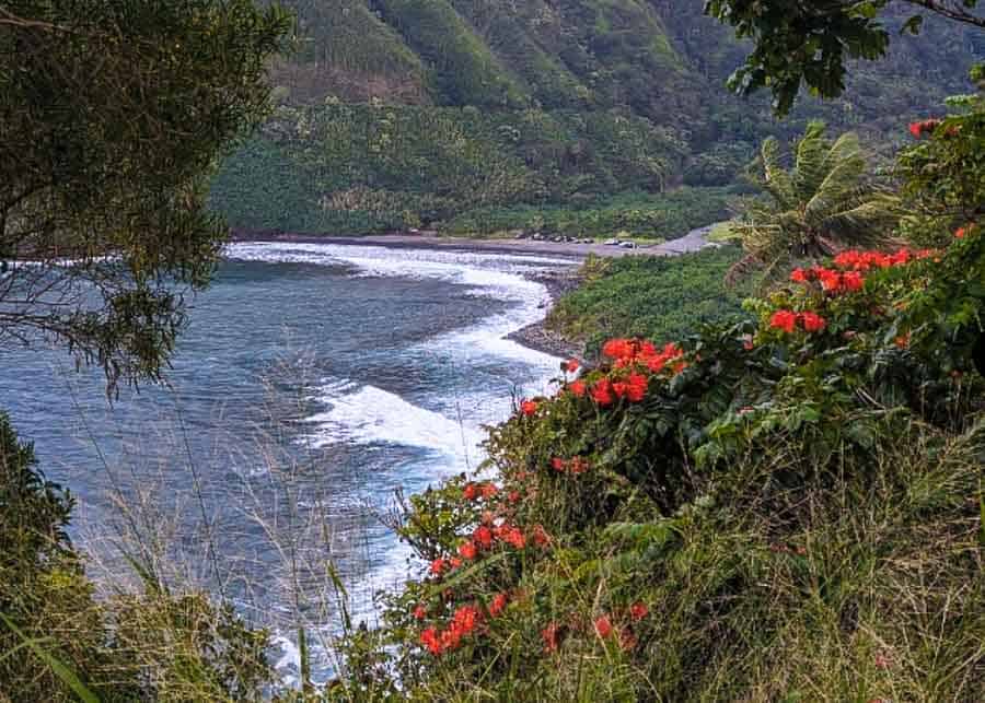 view of the Honomanu black sand Beach in Maui