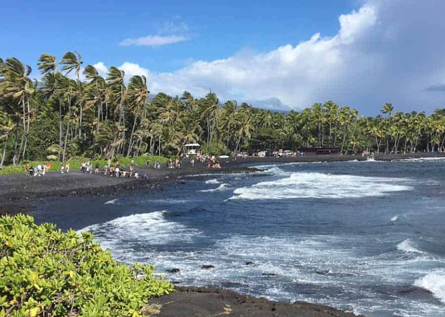 view of the Punaluu Black Sand Beach in Hawaii's Big Island