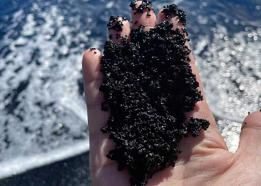view of a hand holding black sand