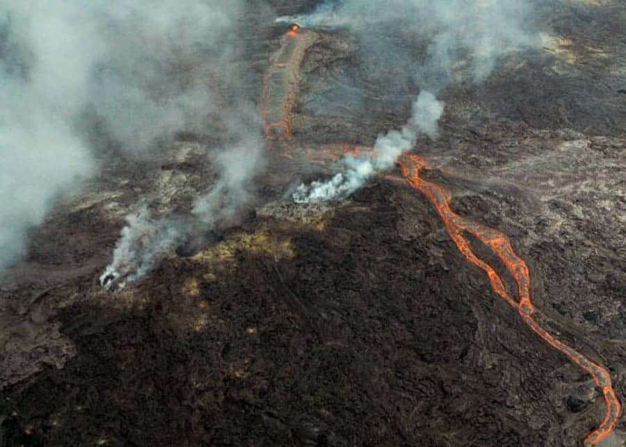 taking a helicopter tour over the lava flow on the Big Island