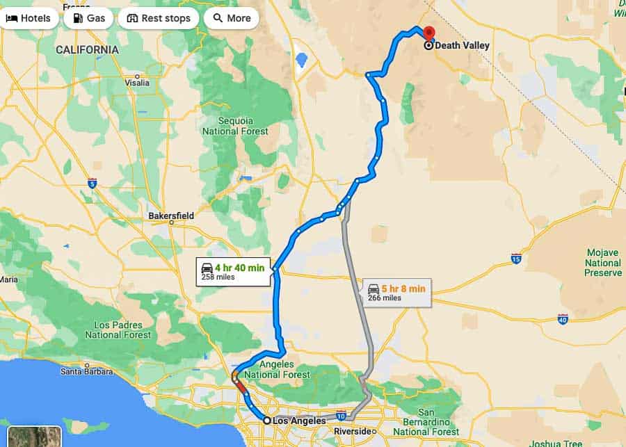 Map reflecting two routes to drive to Death Valley from Los Angeles