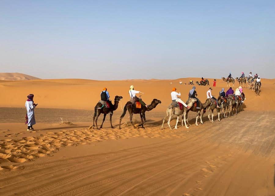 Camel caravan departing for the Erg Chebbi desert