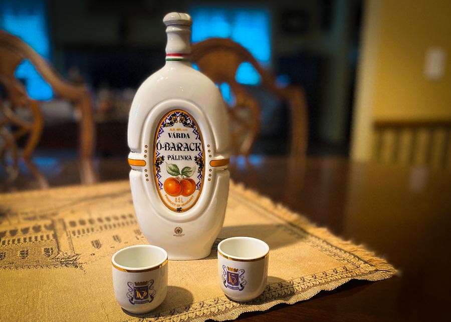 Bottle and glasses of pálinka sold as souvenirs in Budapest