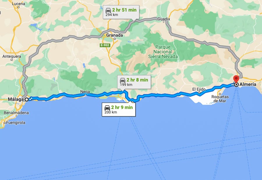 map of the day trip from malaga to Almeria