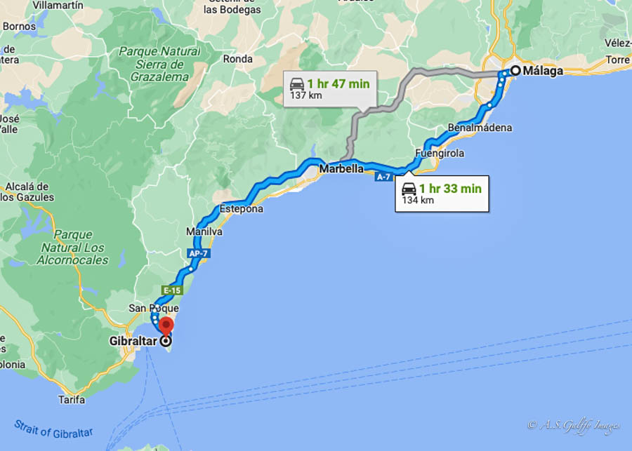 map for a day trip to Gibraltar from Malaga