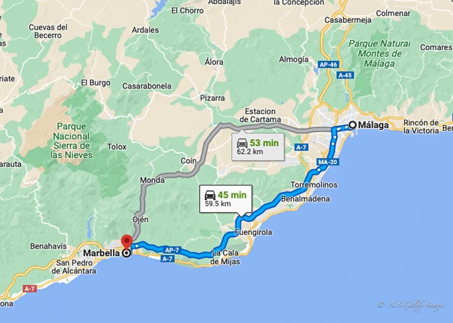 map of a day trip from Malaga to Marbella