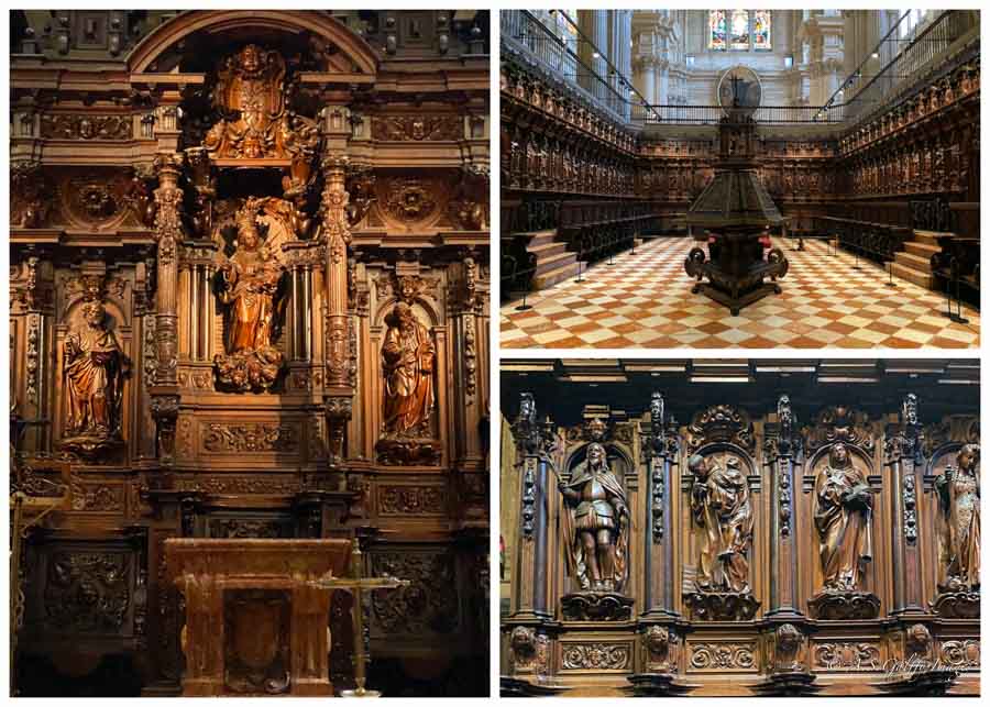 images depicting the choir stalls and wood carvings of Malaga Cathedral