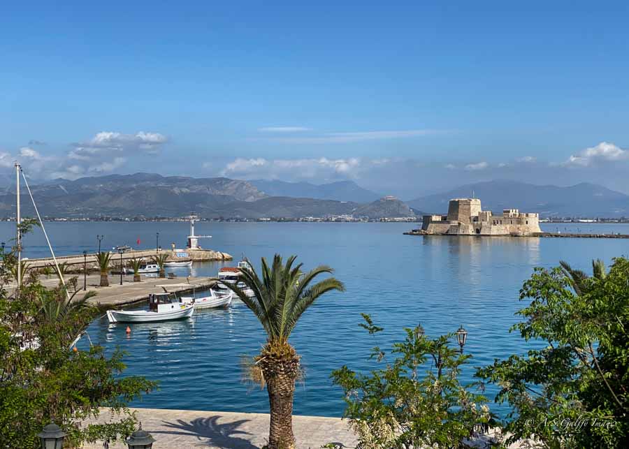 image depicting Nafplio waterfront with view of Bourtzi Castle