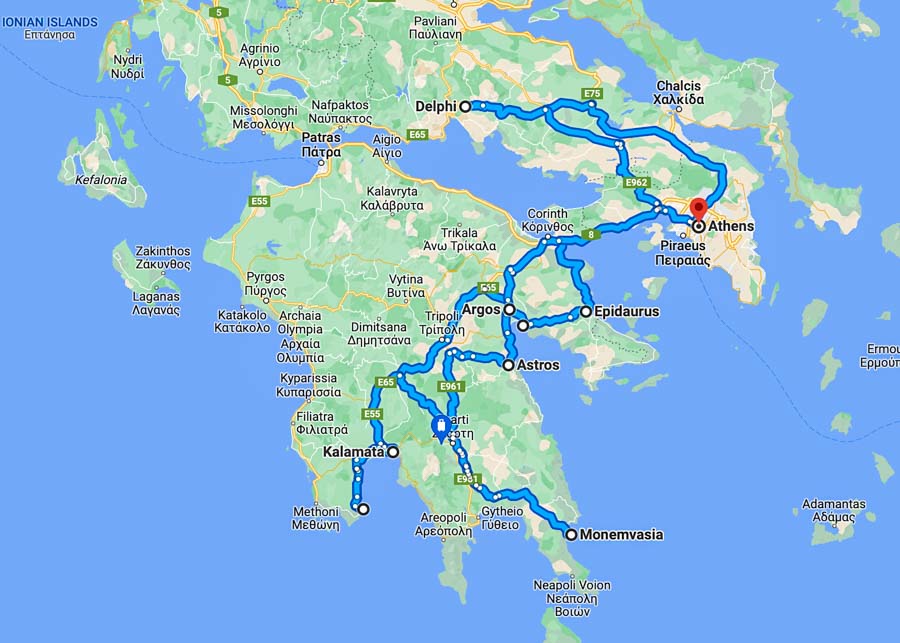 Peloponnese, Greece, road trip itinerary map