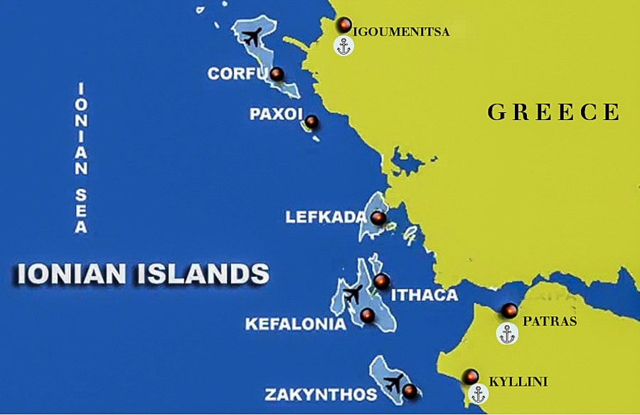 Ionian Islands map with ferry ports