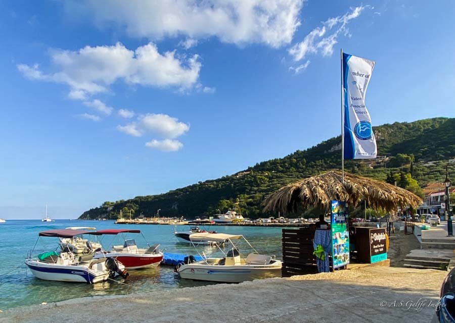 Boat rental booths along the shore in Zakynthos